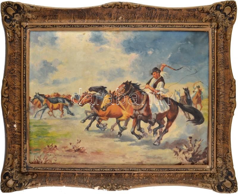 Németh Gyula jelzéssel: Vágtató ménes csikósokkal. Olaj, vászon. Dekoratív, sérült fakeretben, 60×80 cm