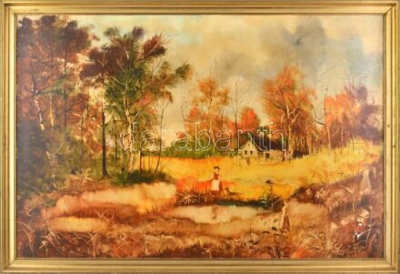 Jelzés nélkül: Hölgy kutyával. Olaj, lemez. Apró felületi sérülésekkel. Dekoratív, kissé sérült fakeretben, 60×90 cm