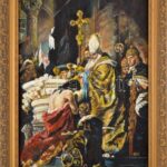 B. Szabó jelzéssel, Benczúr Gyula után: Vajk keresztelése. Olaj, farost. Dekoratív fakeretben, 71×48 cm.