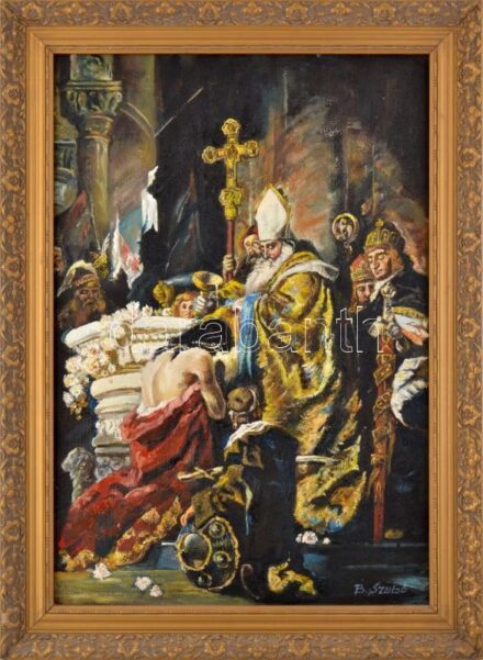 B. Szabó jelzéssel, Benczúr Gyula után: Vajk keresztelése. Olaj, farost. Dekoratív fakeretben, 71×48 cm.