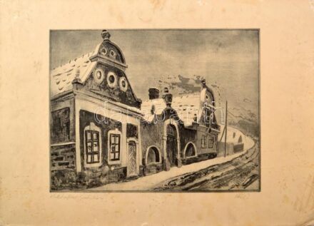 Kéri Imre (1945- ): 'Balatonfüred, Gombás kúria'. Rézkarc, papír, jelzett, kartonra kasírozva, kissé foltos, lap széle kissé sérült, 29,5x39,5 cm