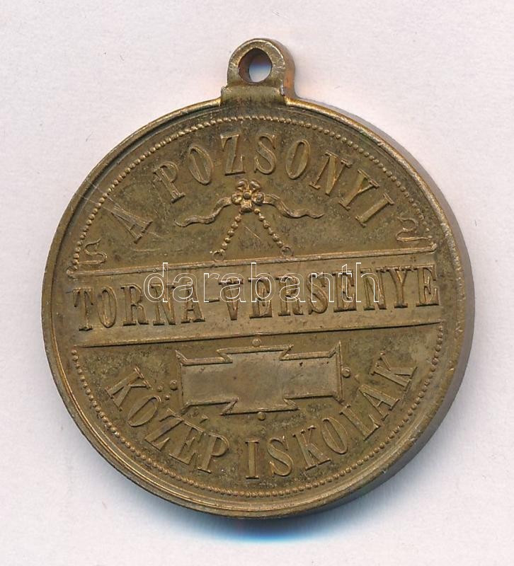 ~1900. 'A Pozsonyi Közép Iskolák Torna-versenye' kétoldalas, aranyozott bronzérem füllel. Szign.: Adler Pozsony (30mm) T:1-,2 kopott aranyozás HP 600