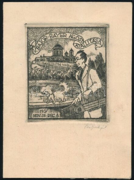 Bajor Ágost (1892-1958): Bajor-Bayer Ágost kiállítása, rézkarc, papír, jelzett, 9×7,5 cm