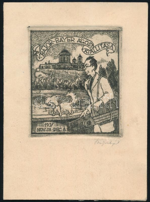 Bajor Ágost (1892-1958): Bajor-Bayer Ágost kiállítása, rézkarc, papír, jelzett, 9×7,5 cm