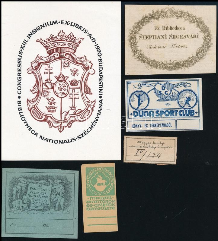 6 db könyvtári ex libris, közte Segesvári István, M. kir. Miniszterelnökség, stb.