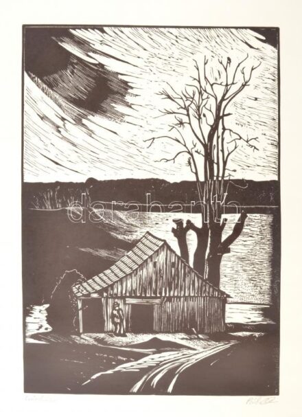 Póka György (1944 - ): Csőszház, l inómetszet, papír, jelzett, feltekerve, 38x27 cm