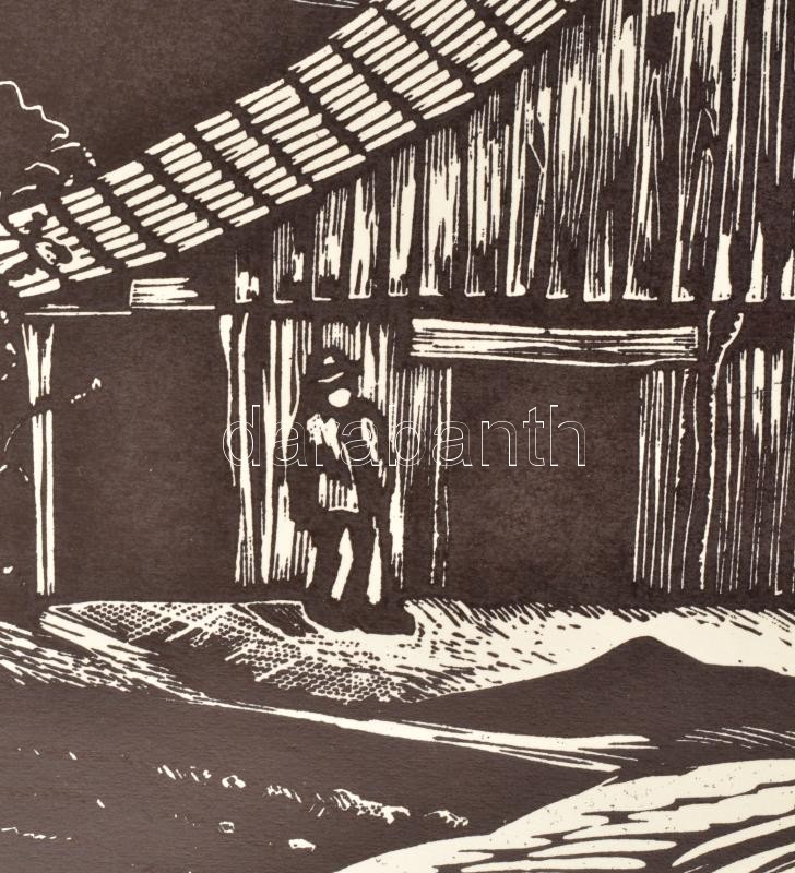 Póka György (1944 - ): Csőszház, l inómetszet, papír, jelzett, feltekerve, 38x27 cm - Image 3