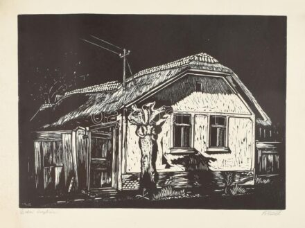 Póka György (1944 - ): Csőszház, l inómetszet, papír, jelzett, feltekerve, az egyik széle foltos, 31,5x44 cm