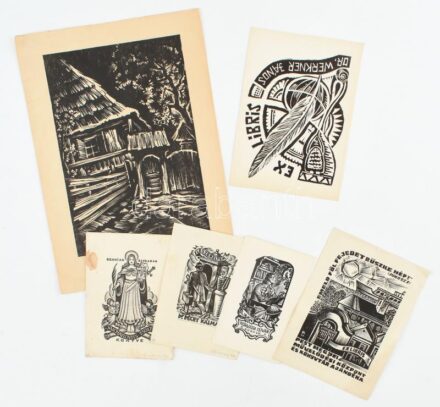 Vegyes ex libris tétel, 5 db, különféle technikákkal, változó állapotban, 14x10 cm és 11x7 cm közötti méretben + Casa natala - 'Tamási Áron' - szülőháza - Lupeni - Farkaslaka, linómetszet, papír, jelzett, 19x12,5 cm