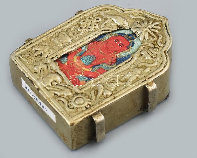 Tibeti fém talizmán, festett Amitayus Buddha szentképpel, 5,5x4x1,5 cm - Image 2