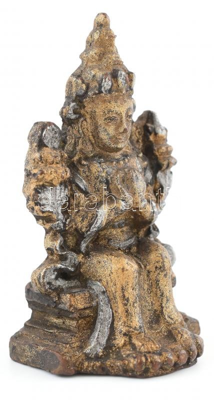 Tibeti buddhista Maitréja istenség, aranyozott cserép, talapzatában eredeti imatekercs, m: 7,5 cm - Image 2