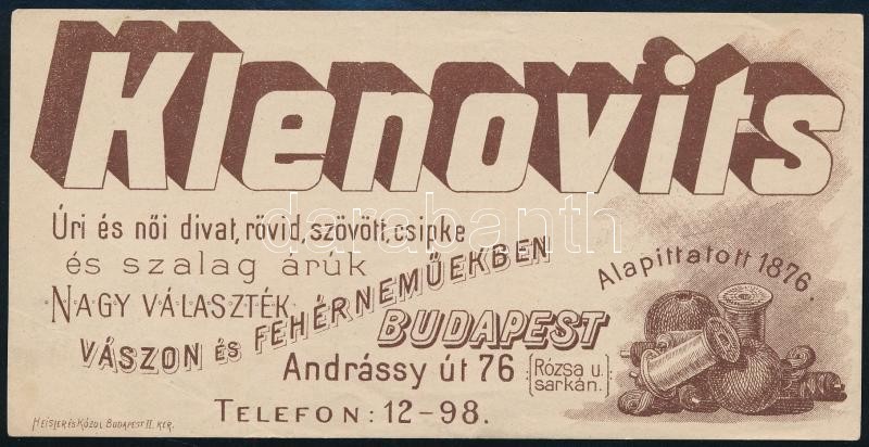 Klenovits vászon és fehérnemű számolócédula