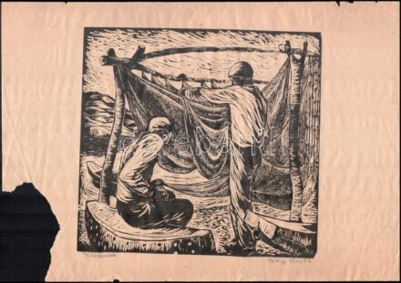 Szilágyi Elek (1933-): Halászok. Fametszet, papír. Jelzett. Sérült. 24x25 cm