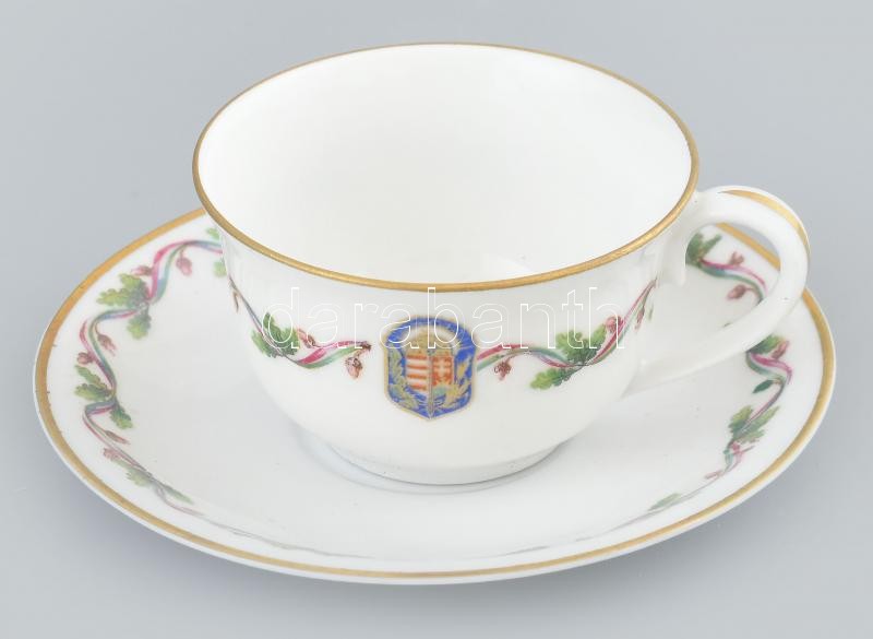Zsolnay porcelán Vitézi Rend címeres mokkás csésze és alj, matricás, jelzett, kopásnyomokkal