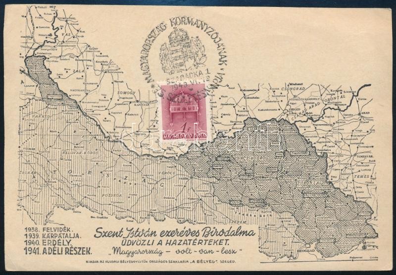 1941 Szent István ezeréves Birodalma üdvözli a hazatért részeket emléklap 15x10 cm