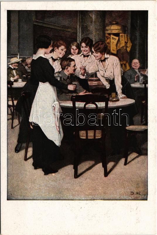 Der Stammgast. Kriegspostkarten von B. Wennerberg Nr. 11. / WWI German military art postcard, officer with ladies s: B.W.
