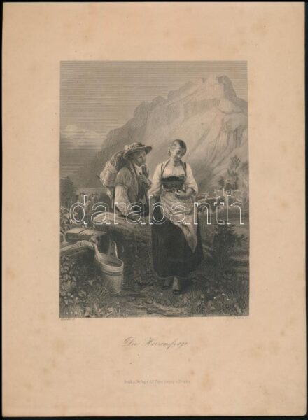 C. Girardet után, A., Simon metszése: A szív kérdése ( Die Herzensfrage. Acélmetszet, papír. Jelzett a metszeten. A. H. Payne kiadása. Kissé foltos. 17,5x13 cm