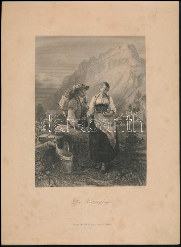 C. Girardet után, A., Simon metszése: A szív kérdése ( Die Herzensfrage. Acélmetszet, papír. Jelzett a metszeten. A. H. Payne kiadása. Kissé foltos. 17,5x13 cm