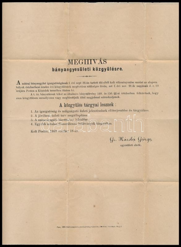 1868 Mátrai bányaegylet meghívója közgyűlésre