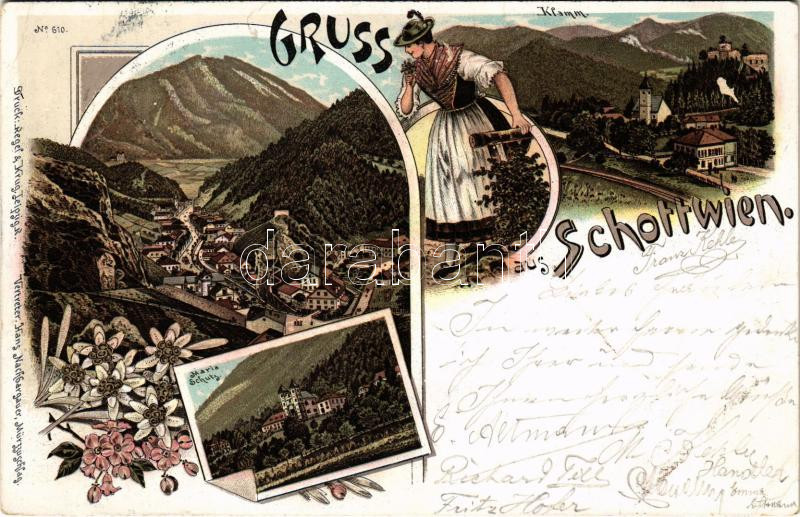 1896 (Vorläufer!!!) Schottwien, Klamm, Maria Schutz. Regel & Krug Art Nouveau, floral, litho (EK)