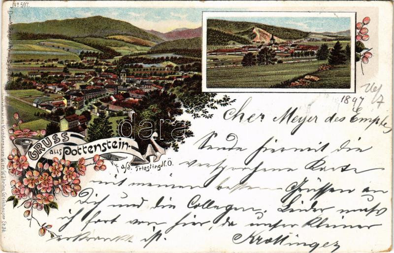 1897 (Vorläufer!) Pottenstein, Panorama. Regel & Krug Art Nouveau, floral, litho (EK)