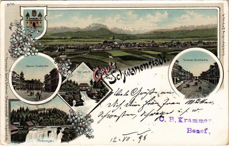 1898 (Vorläufer) Schwanenstadt, Oberer-Stadtplatz, Wildefall, Traunfall. Regel & Krug Art Nouveau, floral, litho (EK)
