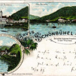 1897 (Vorläufer!) Schönbühel, Schönbühel-Aggsbach; Schloss Schönbühel, Markt, Wallfahrtskirche des Serviten Klosters / castle, pilgrimage church. Jos. Fitzka Art Nouveau, floral, litho (pinhole)