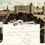 1896 (Vorläufer!!!) Salzburg, castle, gate, funicular railway. H. Metz Art Nouveau, floral, litho (EK)