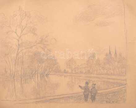 Bajor Ágost (1892-1958): Gyermekek a tónál 1956. Ceruza, papír, jelzett, papír szélén kis szakadások, feltekert állapotban. 30x36,5cm