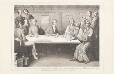 1840 Bremer admirális és Chang kormányzó tárgyalása a Welestey hajó fedélzetén Tschusannál Acélmetszet / Conversation between Commodore Bremer and Chinese Governor Chang on the Welestey. Copper plate engraving 17x23 cm