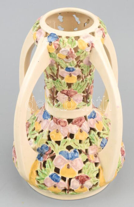 Fischer Emil díszváza, 1890 körül, keménycserép, áttört, kézzel festett, jelzett, hibátlan, m: 22,5 cm