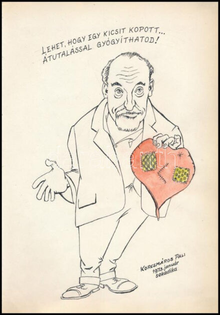 Korcsmáros Pál (1916-1975): Önarckép (karikatúra), 1973. Tus, akvarell papír, jelezve jobbra lent. 30x21 cm.
