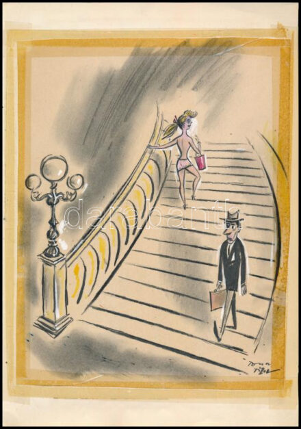 Toncz Tibor (1905-1979): Hol fent, hol lent (cím nélkül, erotikus karikatúra). Vegyes technika, papír, jelezve jobbra lent, papírra ragasztva. 24x19 cm.