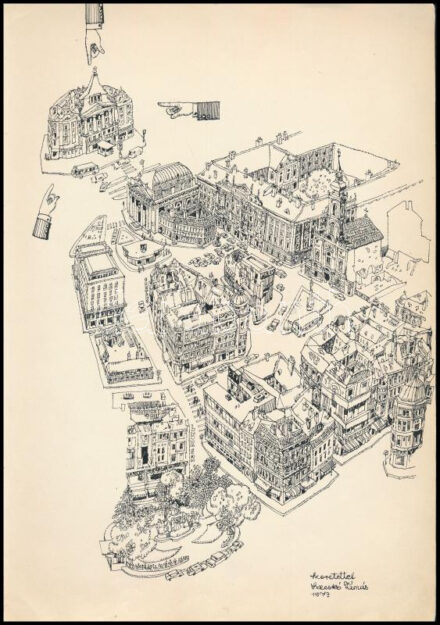 Szecskó Tamás (1925-1987): Budapest, belváros, 1973. Tus, papír, jelezve jobbra lent, Szecskó Tamás autográf ajándékozási soraival. 30x21 cm.