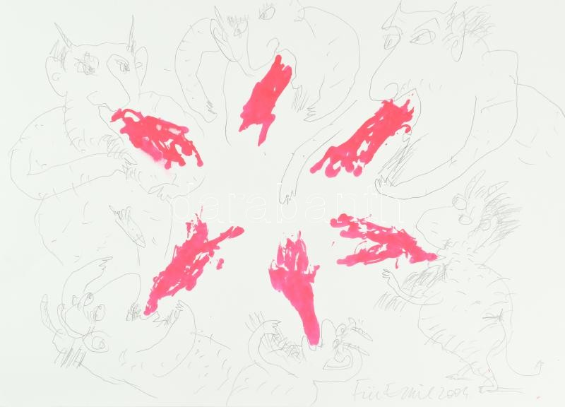 Für Emil (1967-): Intrikusok, 2004. Ceruza, akril, papír, jelzett, hátoldalán autográf felirattal, 43×61 cm Törésnyommal!