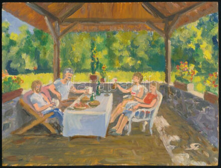 Stockinger László (?-): A pergolában, olaj, vászon, farostra kasírozva, jelzett, 18x24 cm