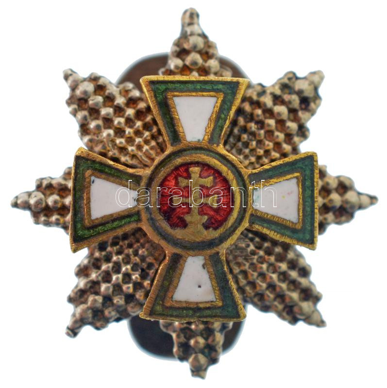 1939. 'Magyar Érdemrend Nagykeresztjének csillaga' zománcozott miniatűr gomblyukjelvénye, hátoldalon 'BERÁN N BPEST' gyártói jelzéssel (19mm) T:1- / Hungary 1939. 'Star of the Hungarian Order of Merit, Grand Cross' enamelled buttonhole