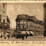 1913 Liberec, Reichenberg; Hotel Schienhoff, Bezirks Sparkasse / savings bank, tram, Josef Mestitz shoe shop, cafe