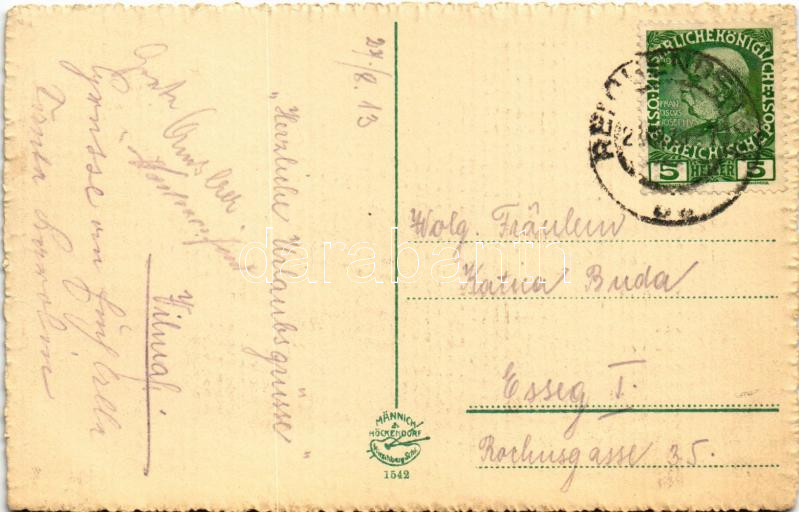 1913 Liberec, Reichenberg; Hotel Schienhoff, Bezirks Sparkasse / savings bank, tram, Josef Mestitz shoe shop, cafe - Image 2