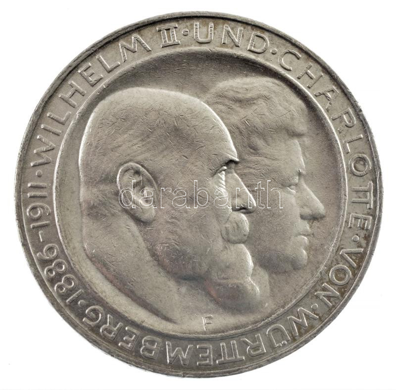 Német Államok / Württemberg 1911F 3M Ag 'II. Vilmos és Sarolta / Ezüstlakodalom' T:1-,2 / German States / Wurttemberg 1911F 3 Mark Ag 'Wilhelm II and Charlotte / Silver Wedding Anniversary' C:AU,XF Krause KM#636