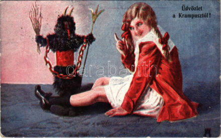 1923 Üdvözlet a Krampusztól! / Krampus and girl. K. Ph. W. II. 1042. (EK)