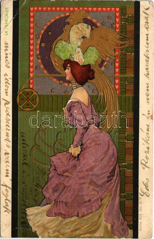 1901 La Francaise. Serie 653. Nr. 5. / Francia hölgy. Magyar dombornyomott szecessziós litho művészlap / The French lady. Hungarian Art Nouveau embossed litho s: Basch Árpád (Rb)
