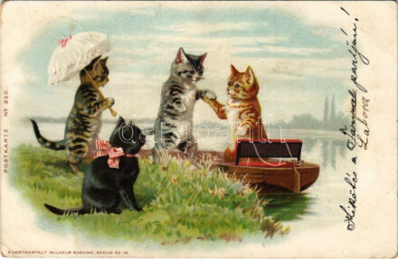 1899 (Vorläufer) Macska csónakázás / Cat boat. Kunstanstalt Wilhelm Boehme Postkarte No. 220. litho (Rb)