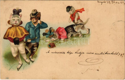 1899 (Vorläufer) Korcsolyázó macskák / Cats ice skating. litho (Rb)