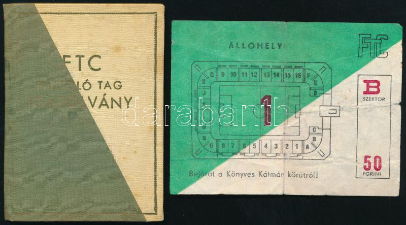 1974 FTC pártoló tag tagsági igazolvány, bélyegekkel, hozzá egy korabeli belépőjegy