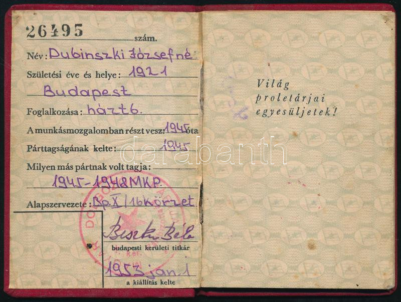 1953 MDP tagsági igazolvány Biszku Béla aláírásával - Image 2