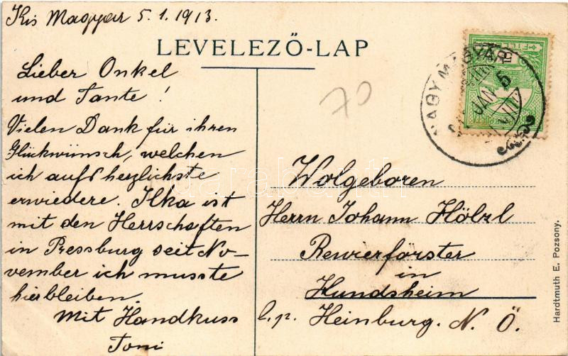 1913 Kismagyar, Maly Mager (Illésháza, Novy Zivot); Pálffy Béla gróf kastélya. Hardtmuth E. kiadása / castle (EK) - Image 2