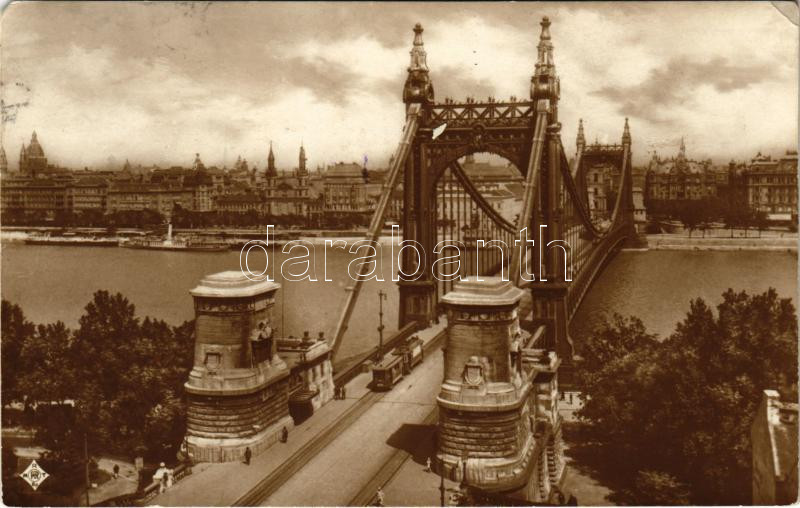 1928 Budapest, Erzsébet híd, villamos (EM)