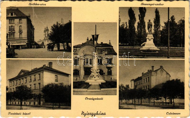 Nyíregyháza, Bethlen utca, Bessenyei szobor, Országzászló, Tanítónőképző, Calvineum (Rb)