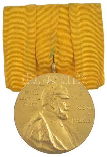 Német Birodalom 1897. 'I. Vilmos császár születésének 100. évfordulójára' aranyozott bronz emlékérem mellszalagon (40mm) T:2 / German Empire 1897. '100th Anniversary of the Birth of Emperor Wilhelm I' gilt bronze commemorative medallion